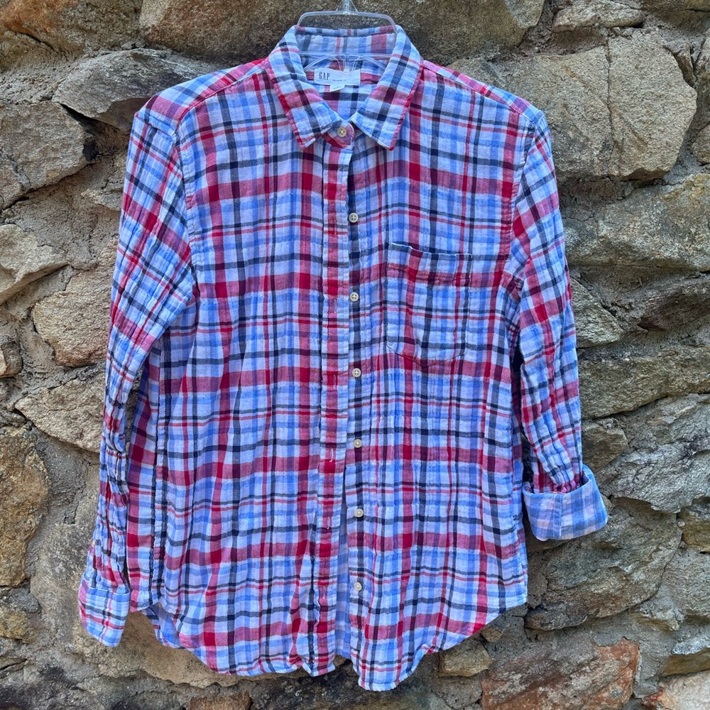 GAP Double-Gauze Red and Blue Plaid Women's Top